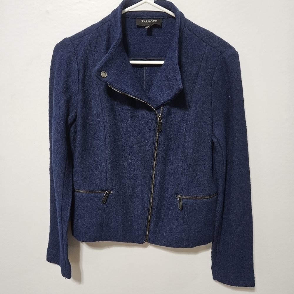 TALBOTS Boiled Wool Blend Navy Blue Moto Jacket Zip Up Blazer 2 Long Sleeve B17